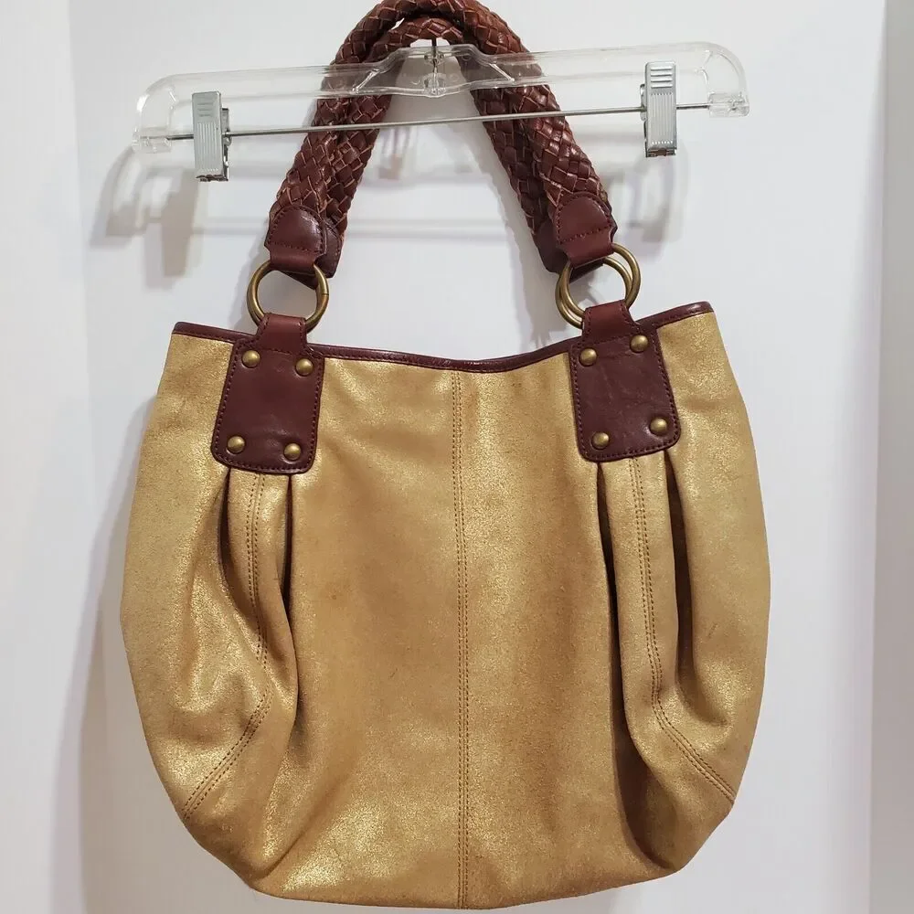 TANO‎ Shoulder Hobo Bag Womens gold Suede Leather Woven Handle Brown brass